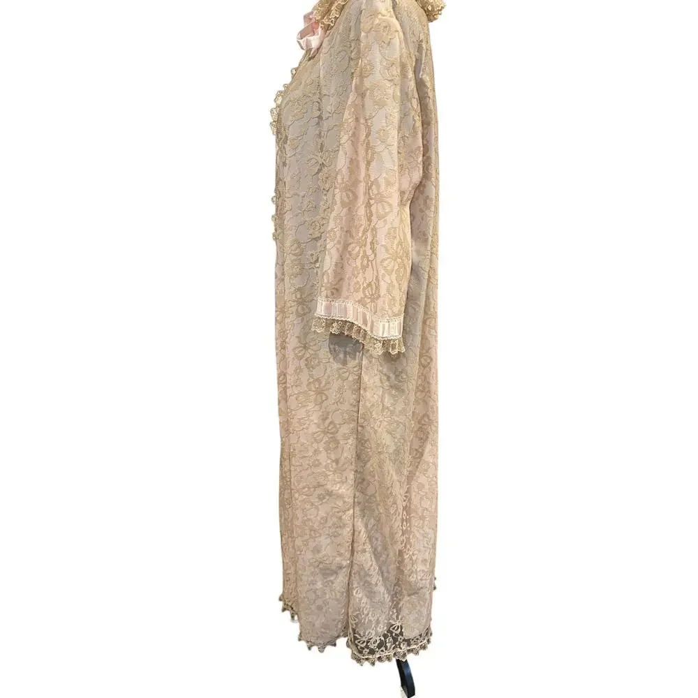 Odette Barsa Pink Lace Sheer Peignoir Maxi Robe Coquette Regency